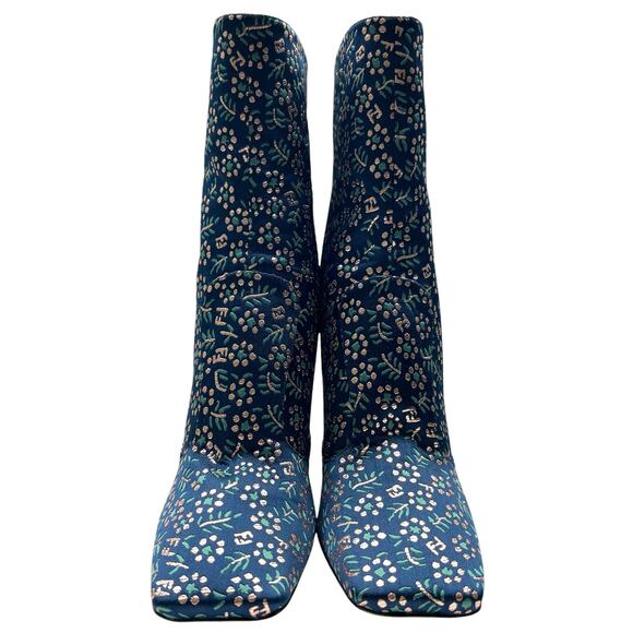 FENDI FFreedom 105mm Square Toe Ankle Boots EU 38 US 8 Floral Jacquard Navy Gold - Picture 5 of 13